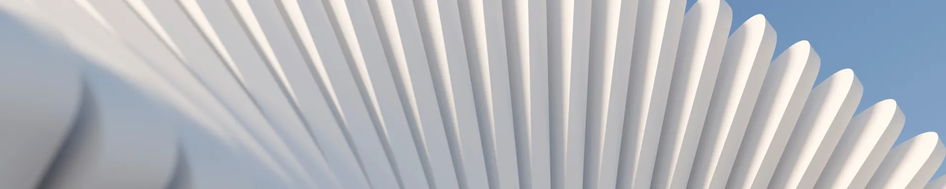 3D render of abstract white parametric fan-shaped structure against a clear blue sky