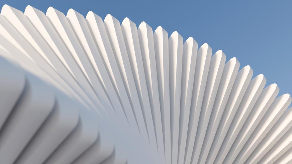 3D render of abstract white parametric fan-shaped structure against a clear blue sky