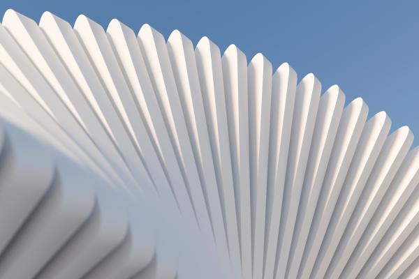 3D render of abstract white parametric fan-shaped structure against a clear blue sky